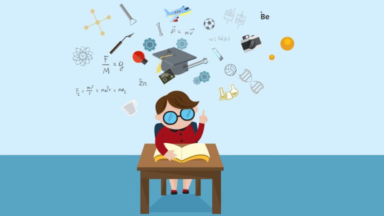 cartoon-animation-of-a-boy-child-student-is-reading-education-book-on-his-desk-with-science-maths-chemistry-biology-engineering-physics-and-other-creative-knowledge-icon-until-graduation